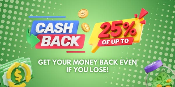Promotional banner art with cashback coins, gift boxes and confetti